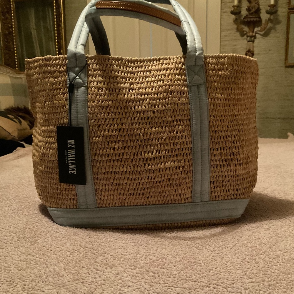 MZ Wallace Tan and Blue Tote Bag with Woven Texture